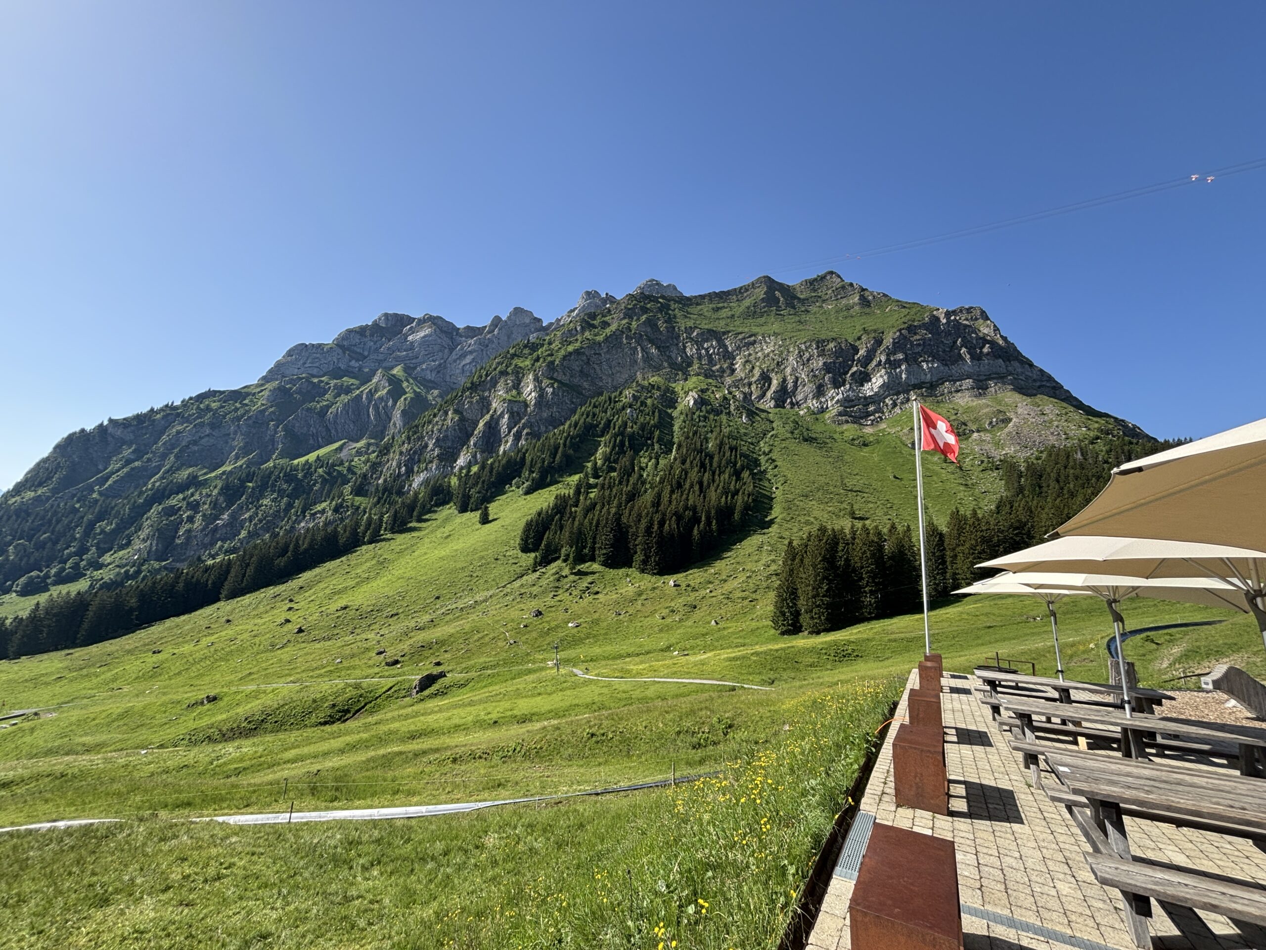 Blick von Fräkmüntegg auf die grünen Hänge und markanten Felsformationen des Pilatus-Massivs bei strahlendem Sommerwetter.